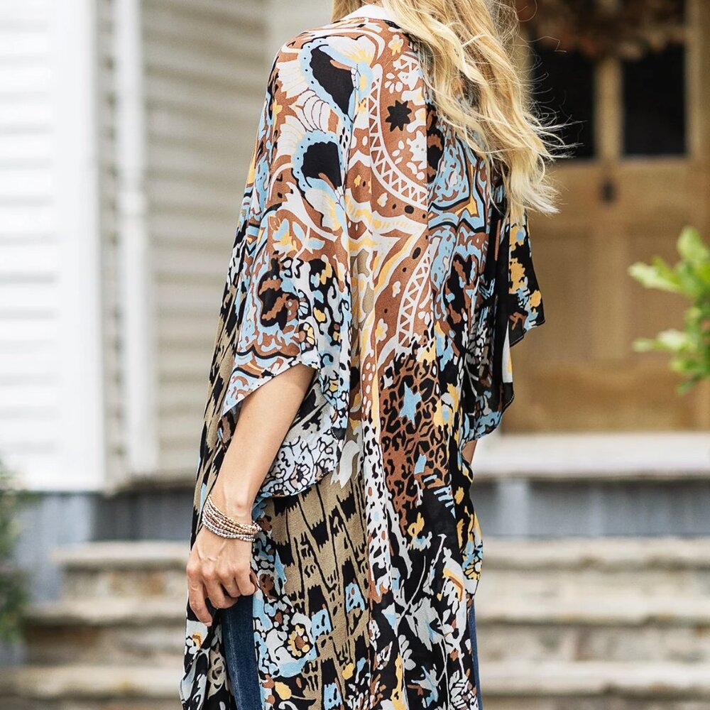 Tribal Print Kimono Lightweight Boho Duster Spring Summer Layering Piece - Picture 7 of 11